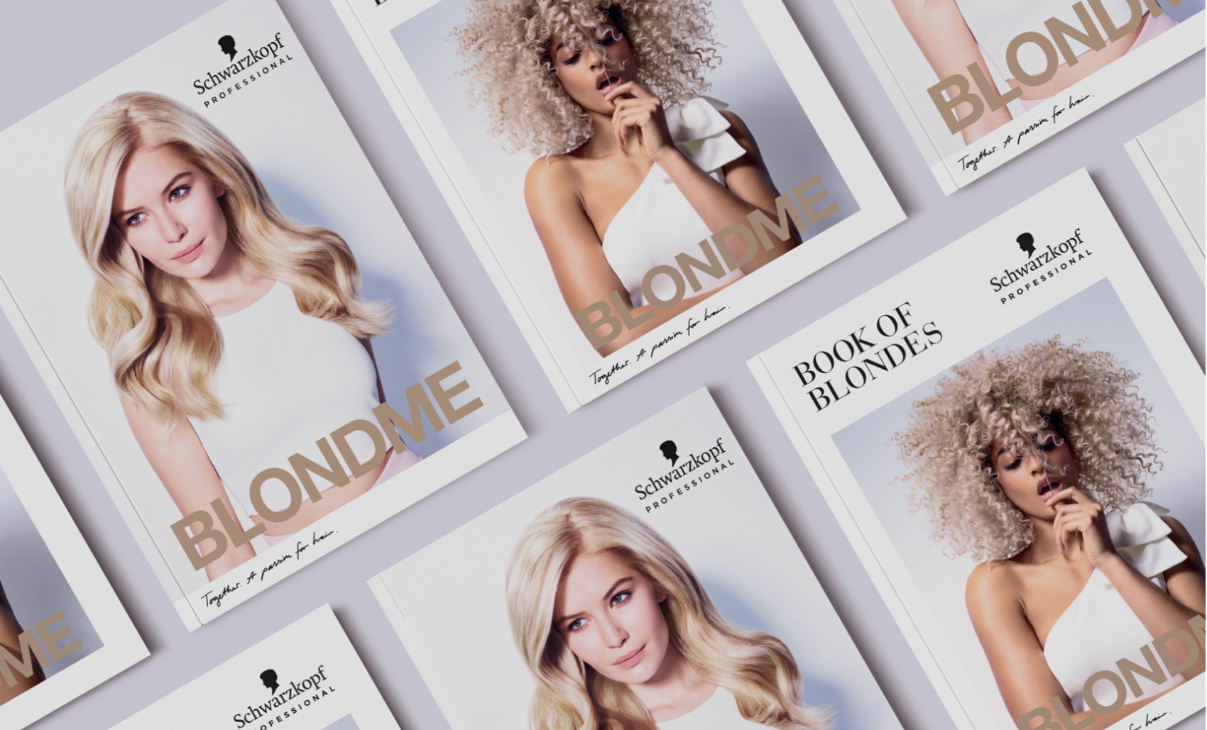Isometric shot of brochures on table, featuring blonde women portraits