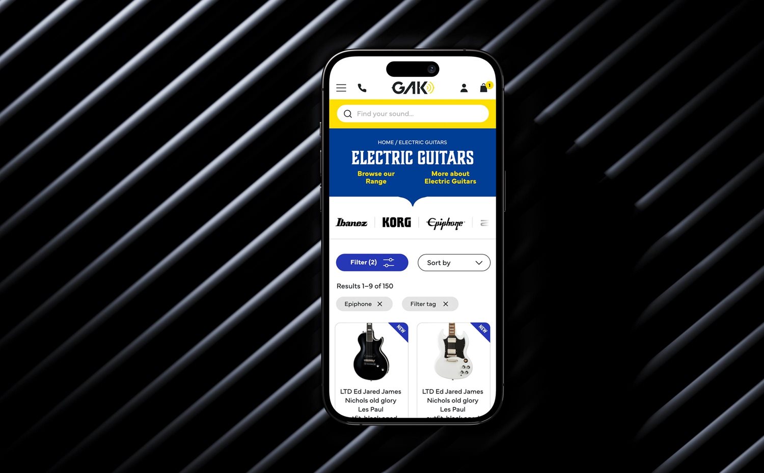 Guitar category page on mobile device