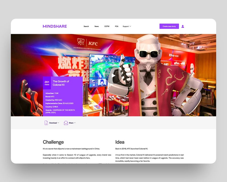 Case study page for KFC campaign, showing a robotic Colonel Sanders