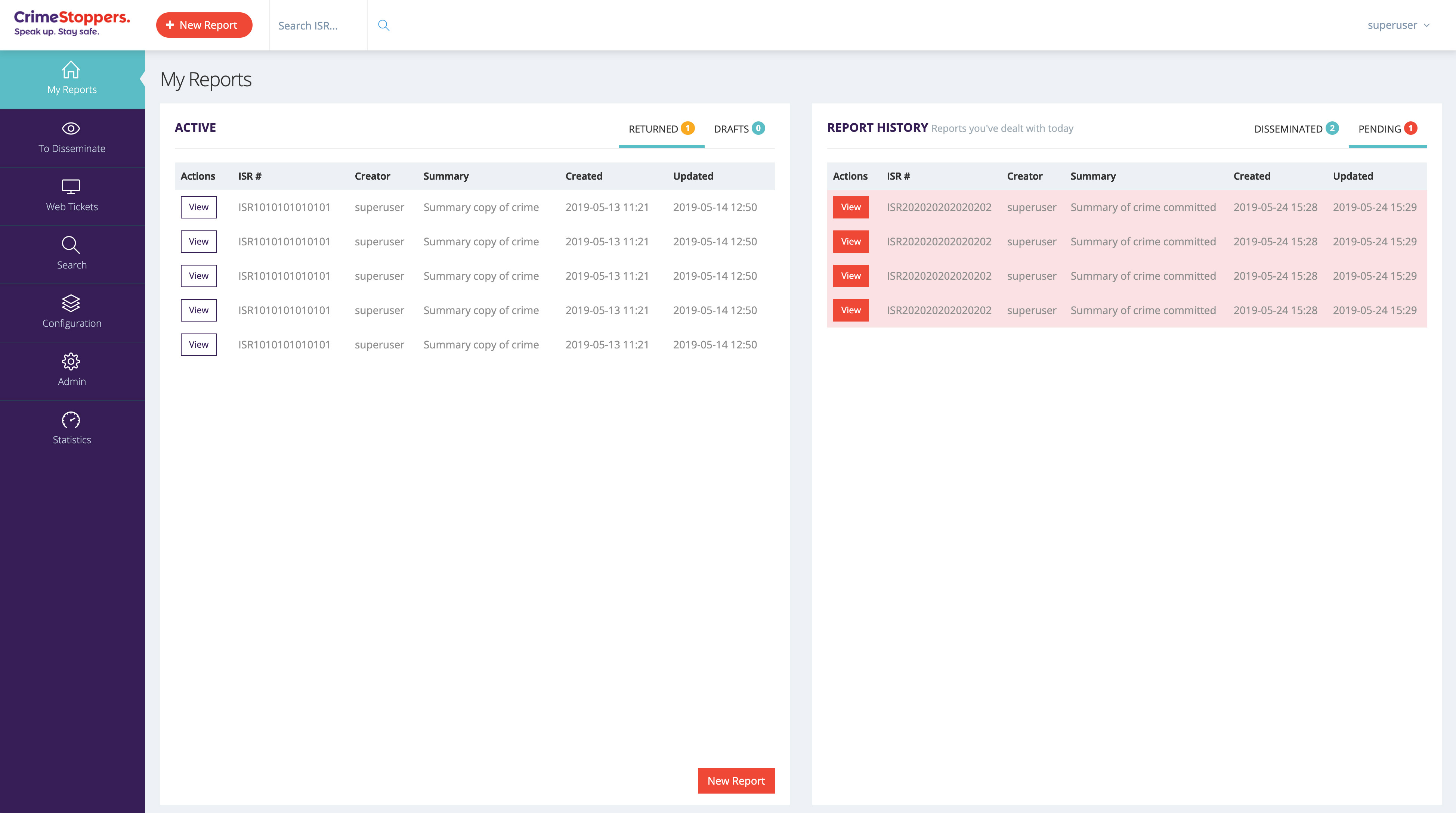 reporting system screen