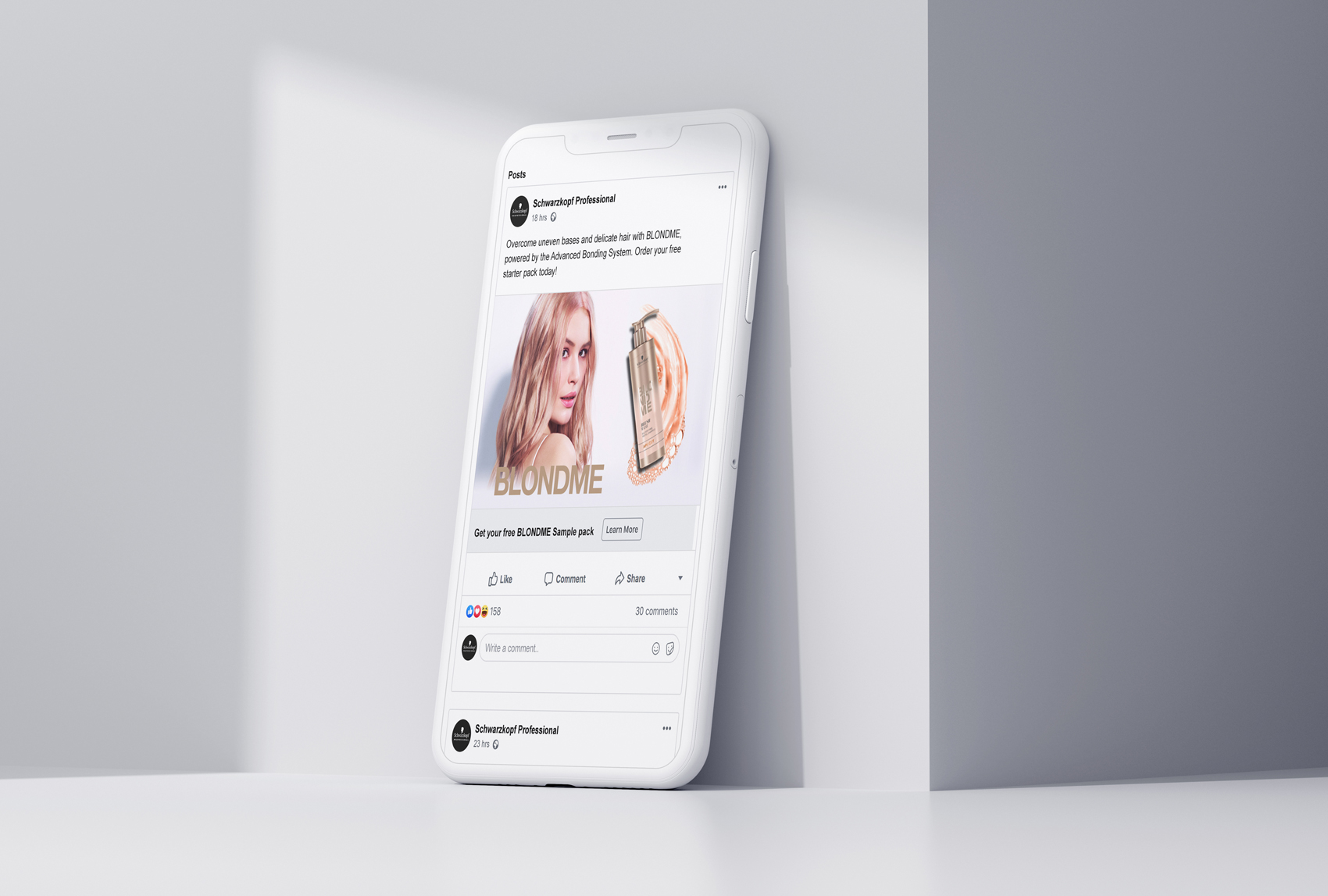 Mobile showing BLONDME Facebook page