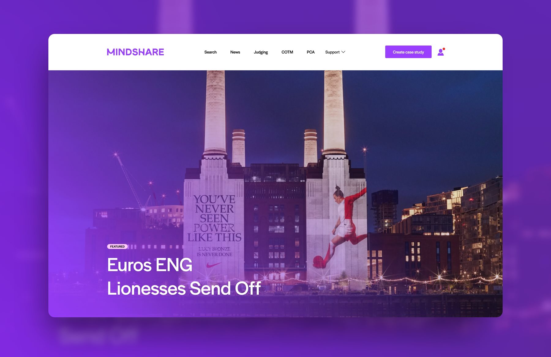 Mindshare case studies home page, against a purple background, showing a case study of Emngland women's football team