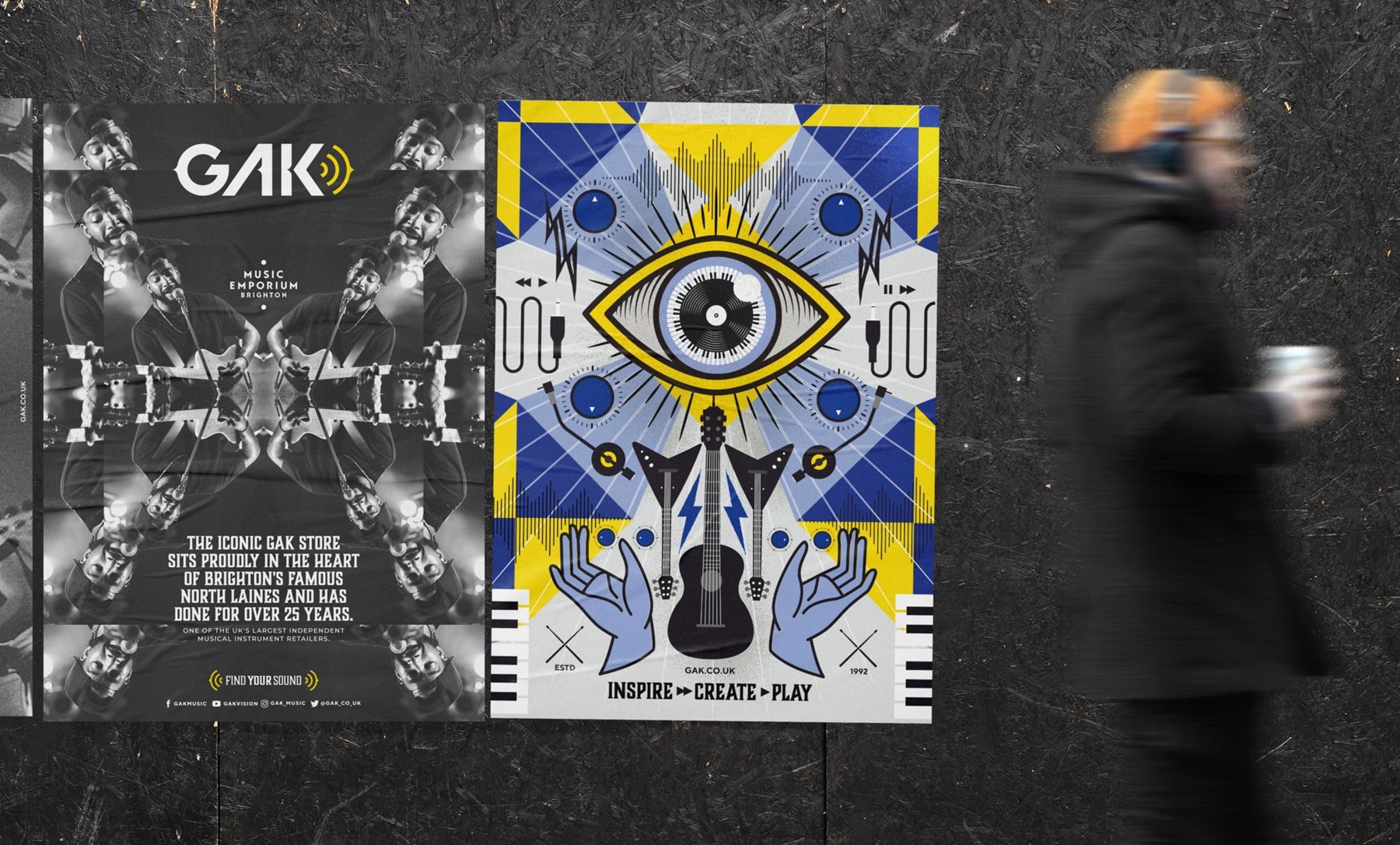 Gak collage poster on wall as man with headphones walks past