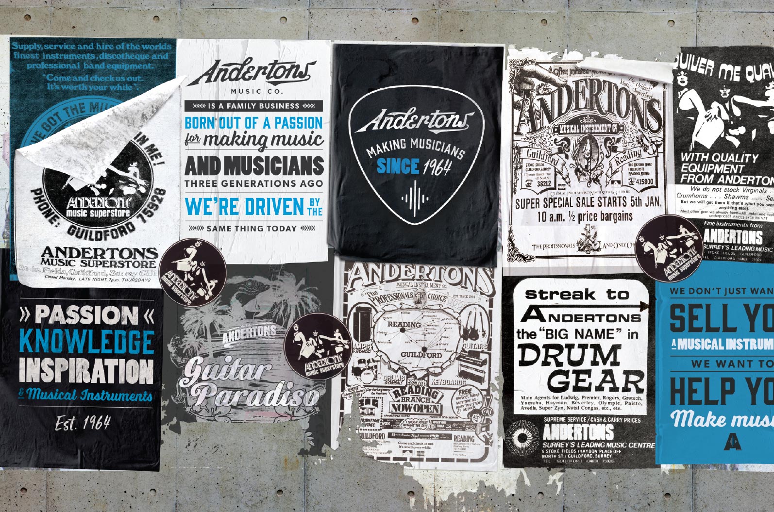 wall of grungy Andertons posters