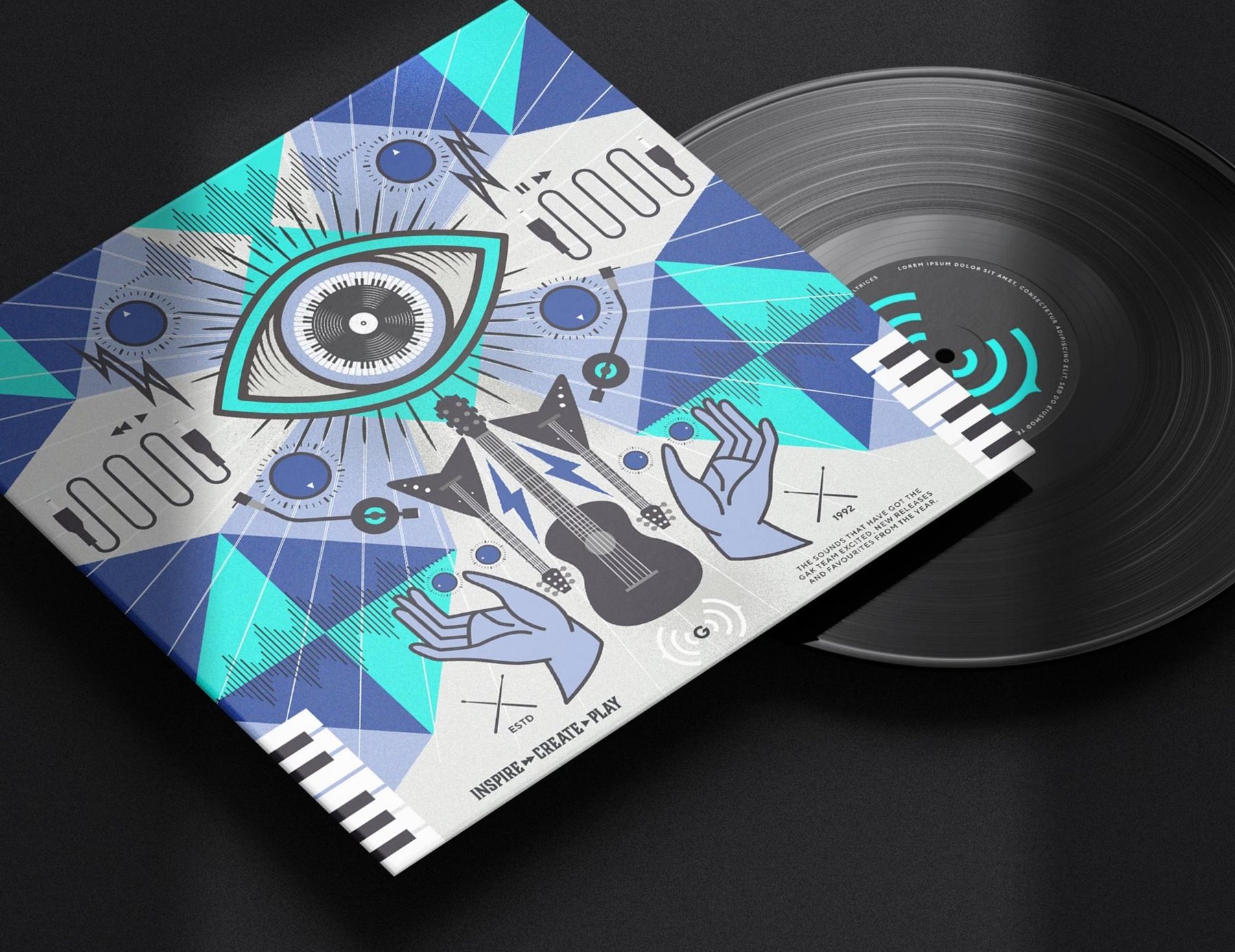 blue and teal kaleidoscope graphic on a record sleeve