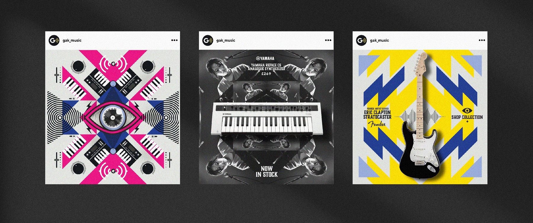A range if Instagram posts using black and white photos of musicians in a kaleidoscope effect