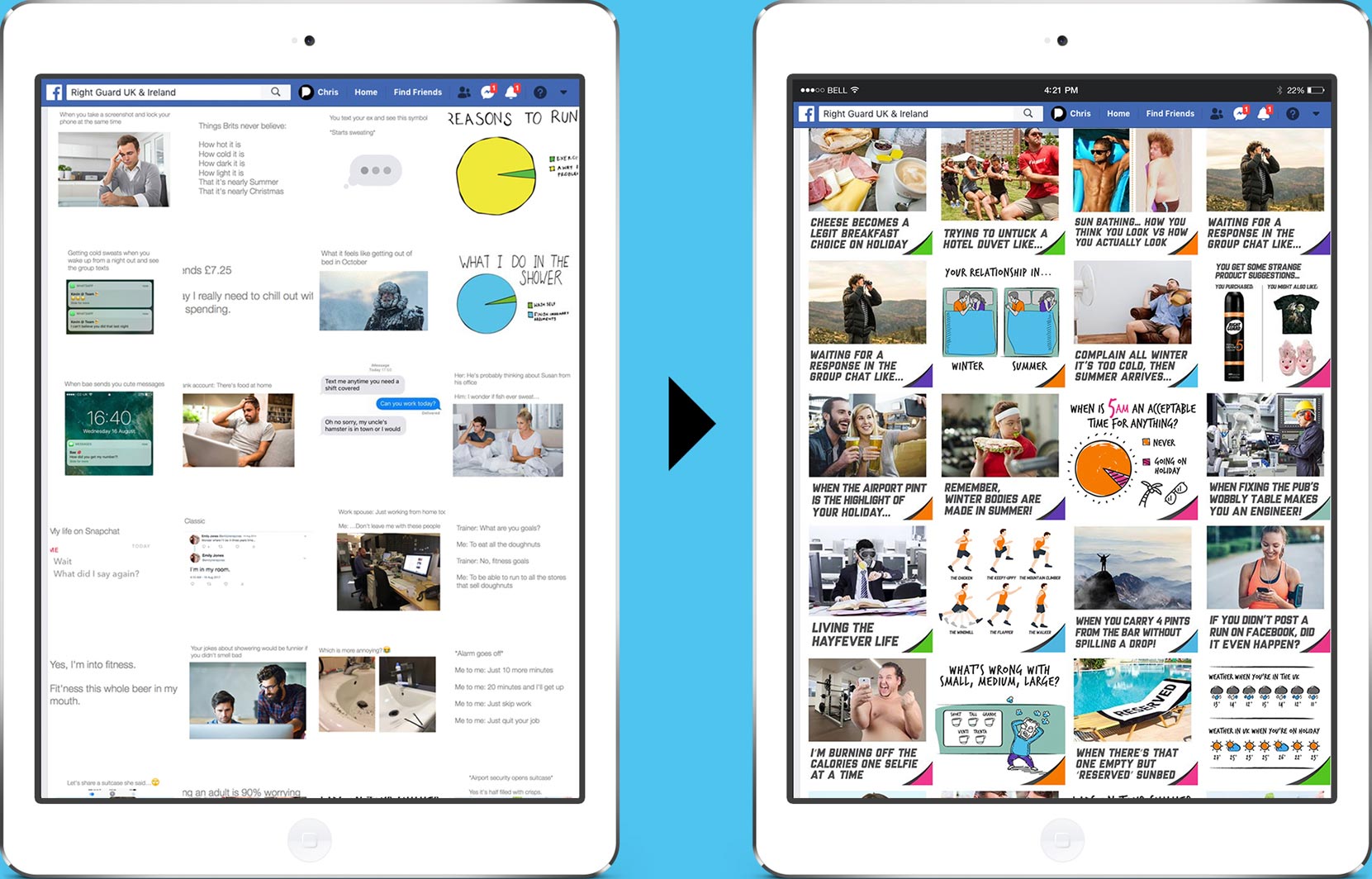 various Facebook adverts displayed on a tablet