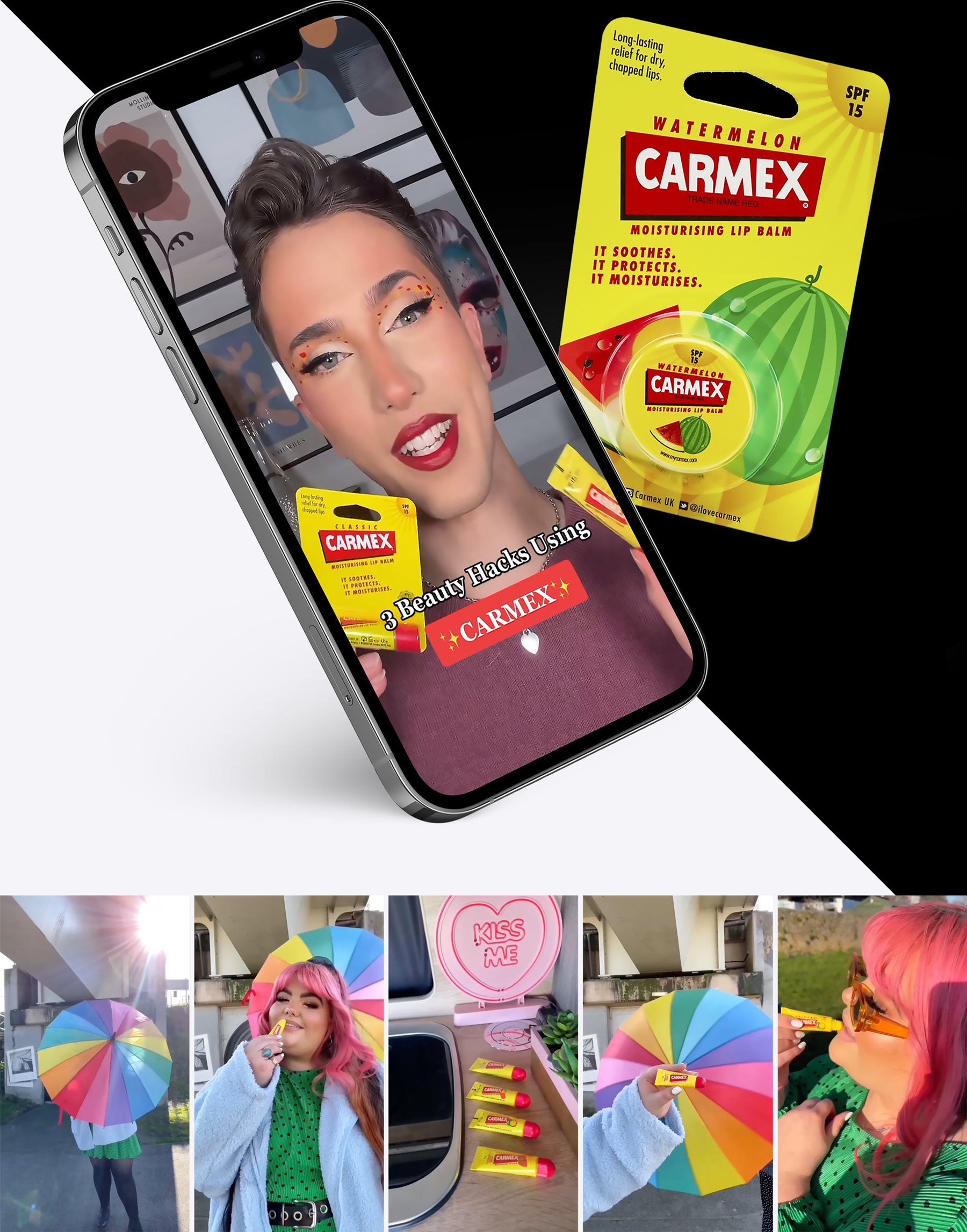 A diagonal phone with model and a carmex product in yellow packaging