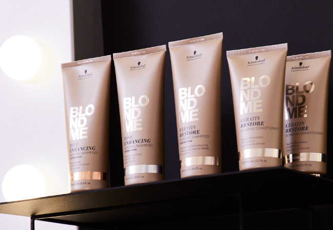 Bronze coloured shampoo bottles on display