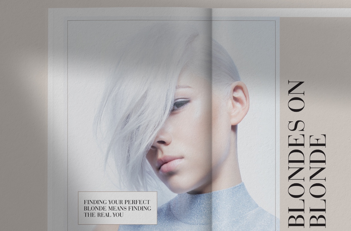 Close-up of model grey hair, face partially concealed by fringe