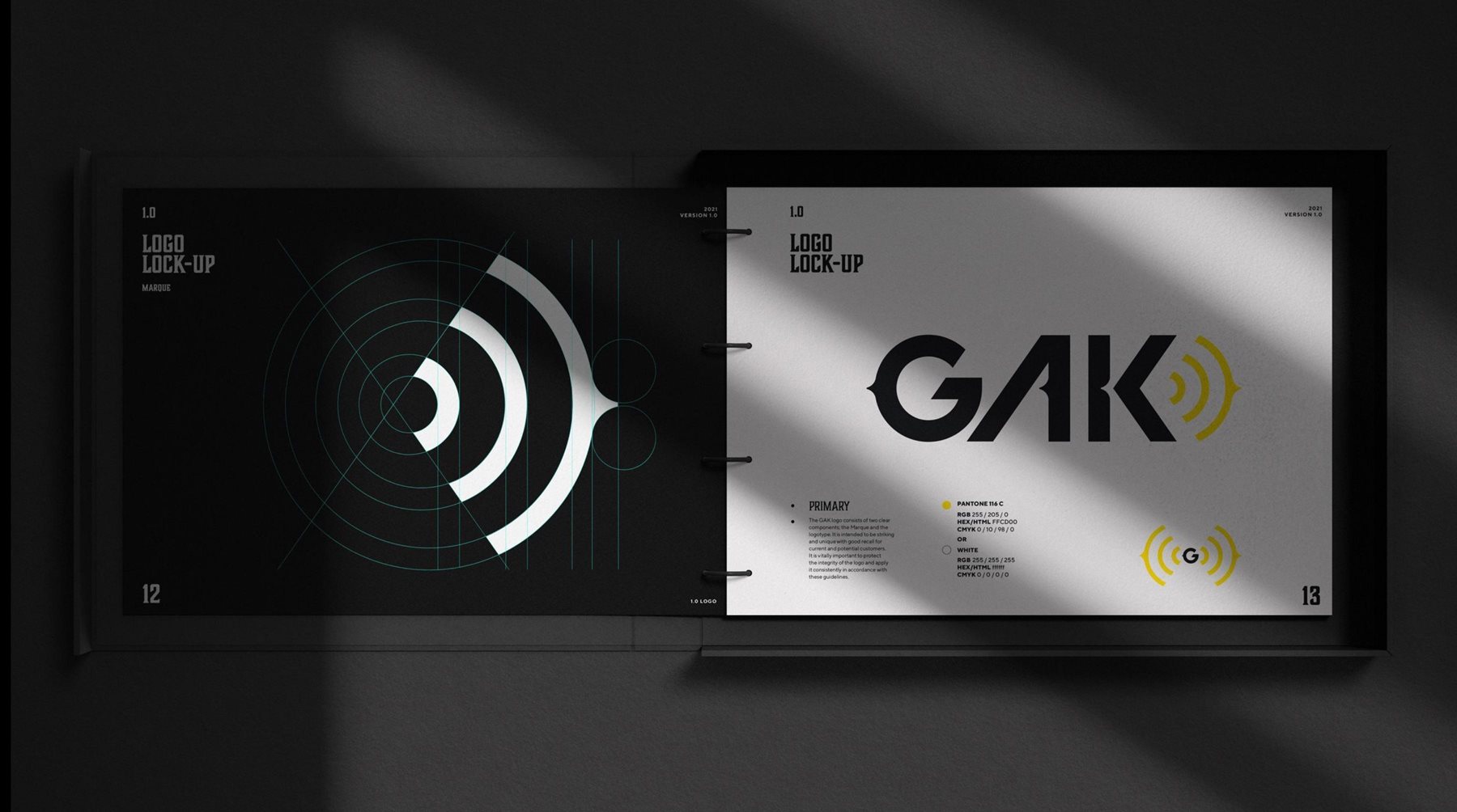 The Gak logo shown with colour references used in the new brand (yellow and black)