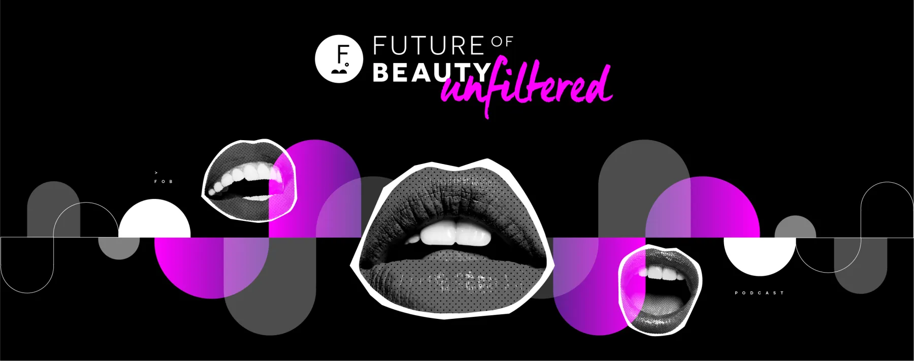 A banner featuring a wavy pattern and burst of pink geometric shapes behind some grungy photos of lips
