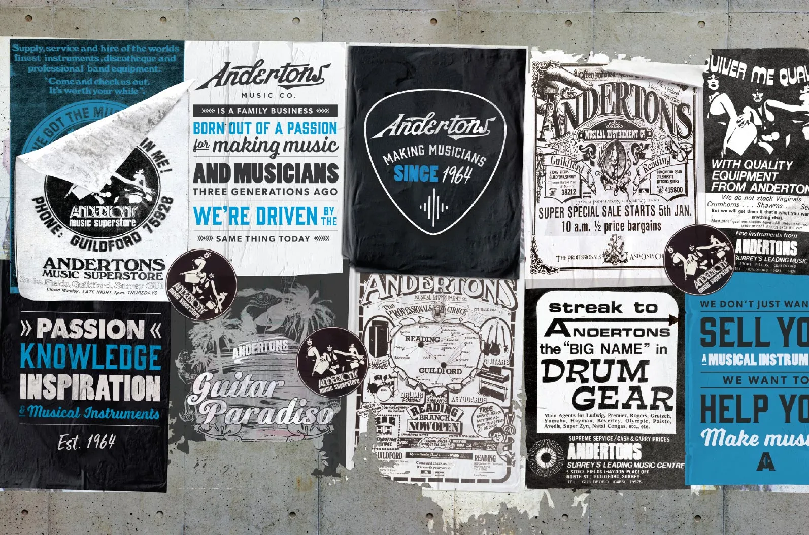 Wall of grungy Andertons posters