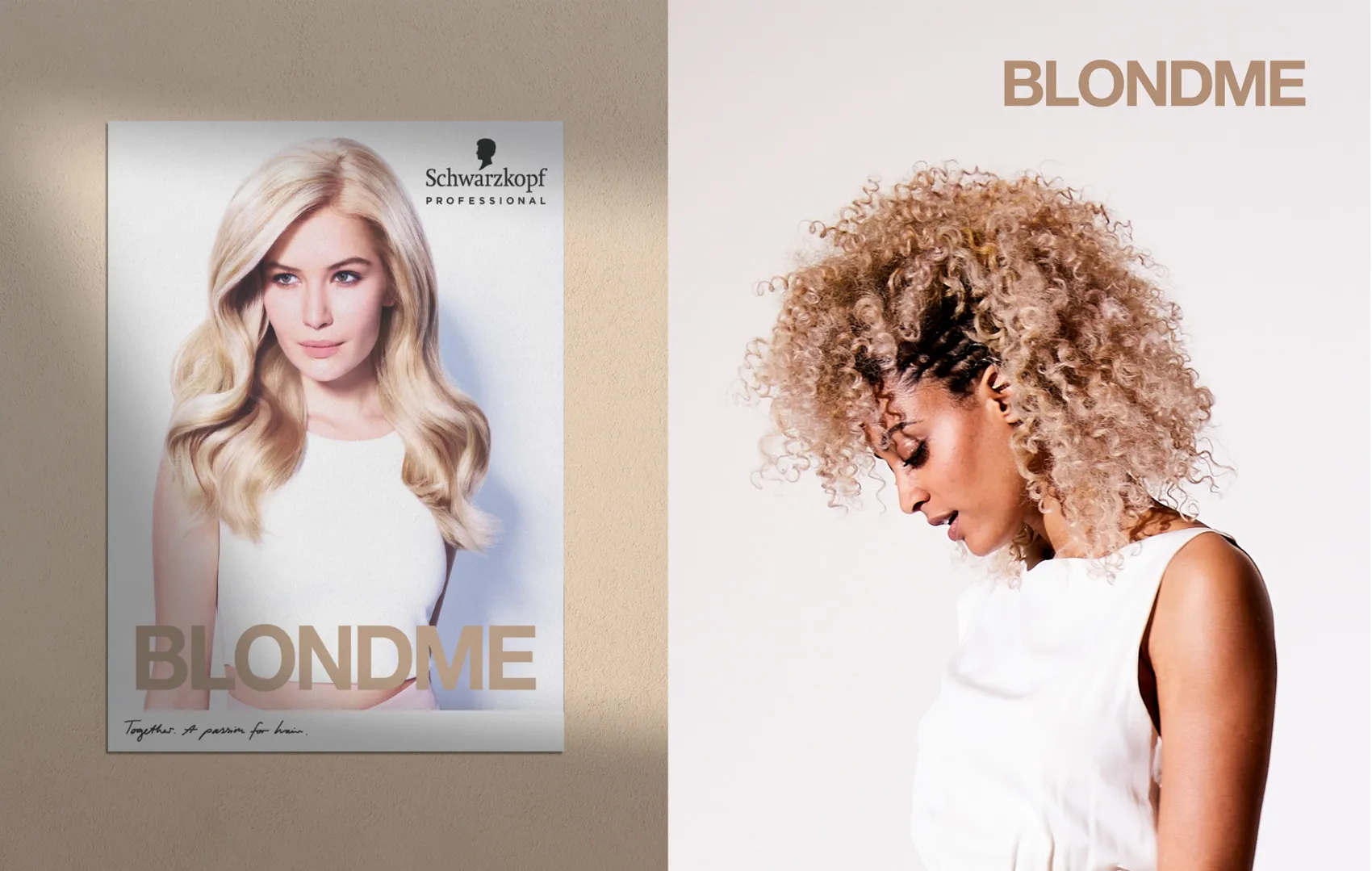 Mixed ethnicity woman with blonde, curly hair looking downward.