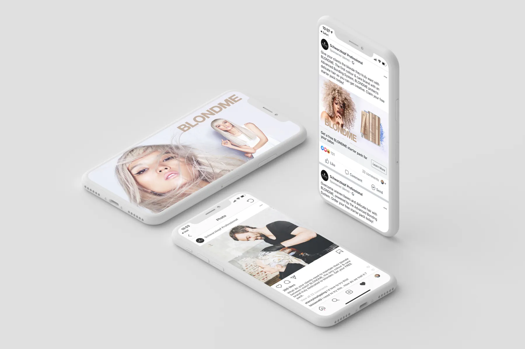 Isometric shot of various Mobile devices with BLONDME models on them
