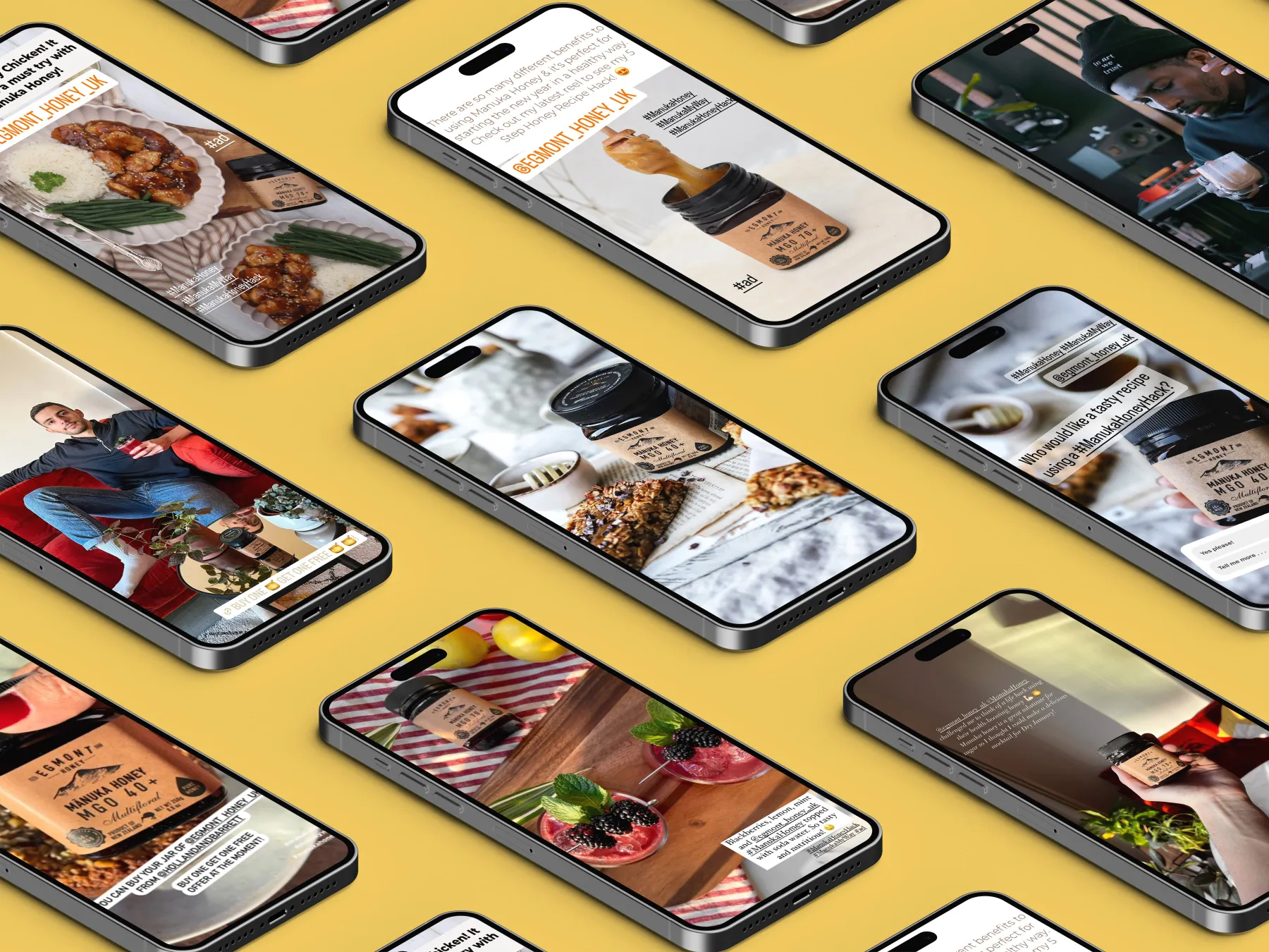 A montage of phones at a 45 degree angle against a mustard yellow background. They show images of people sharing Mānuka honey photos from their social media accounts