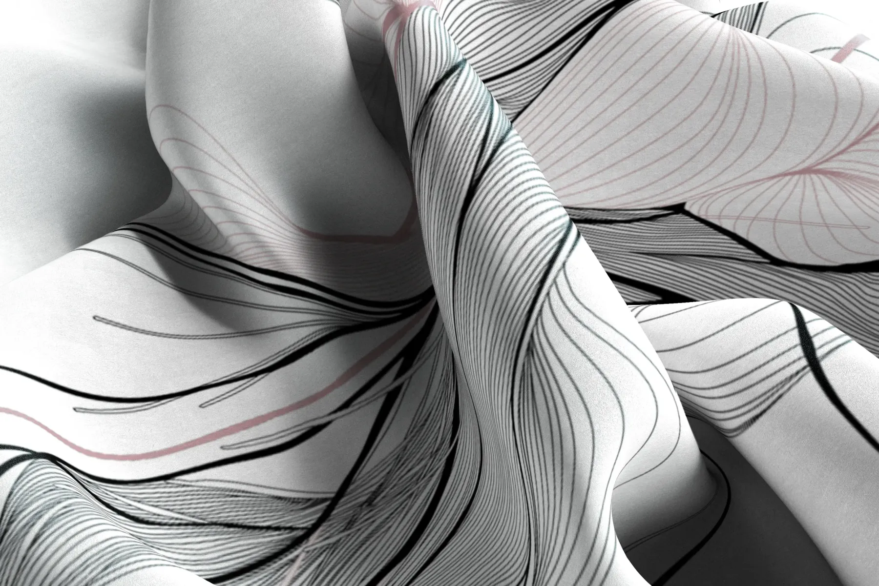 A close up image of scarf, which is white with black and grey line art pattern